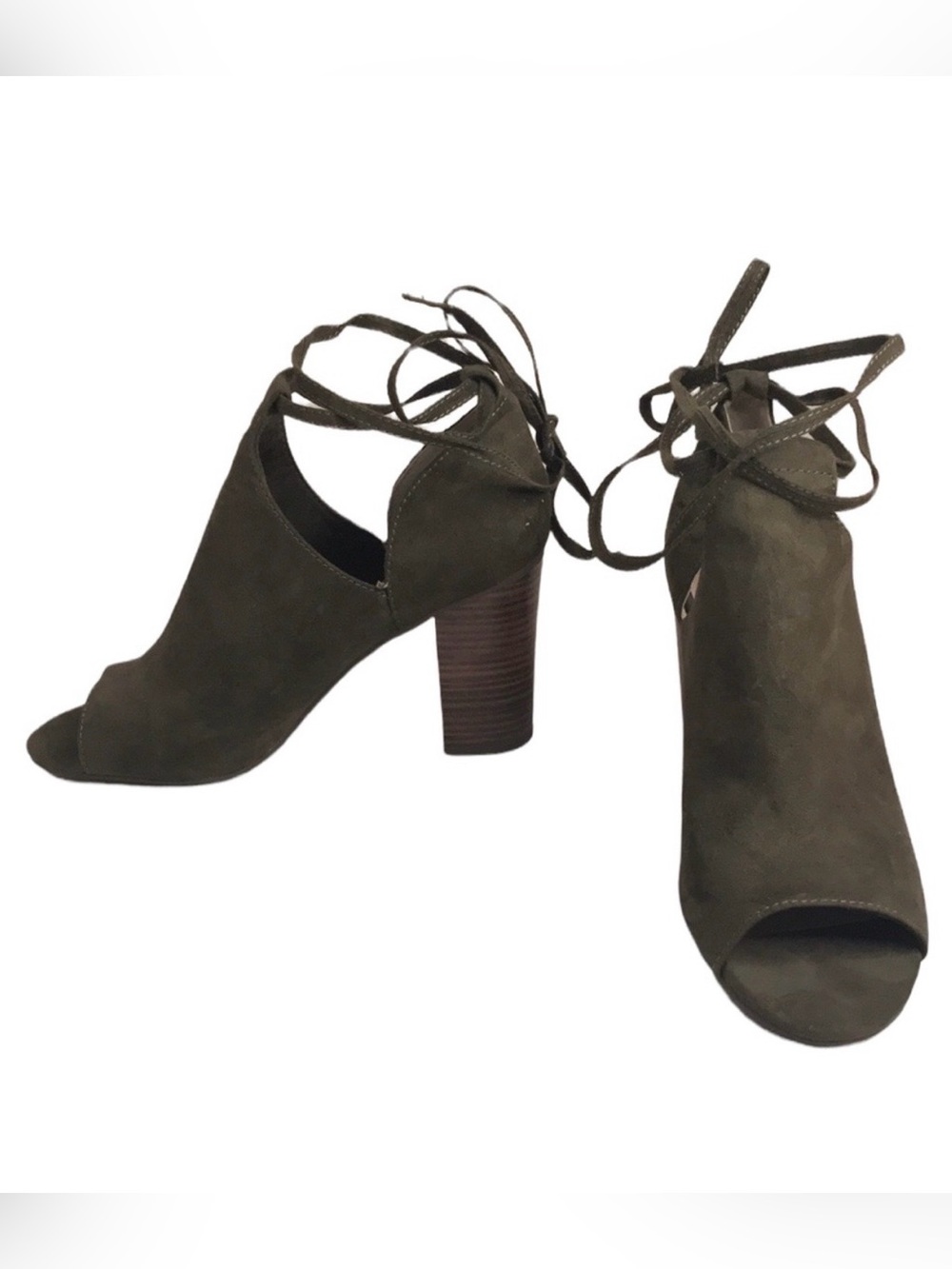 BC Born in California Vegan Suede Open Toe Ankle Wrap Bootie Block Heel Size 9